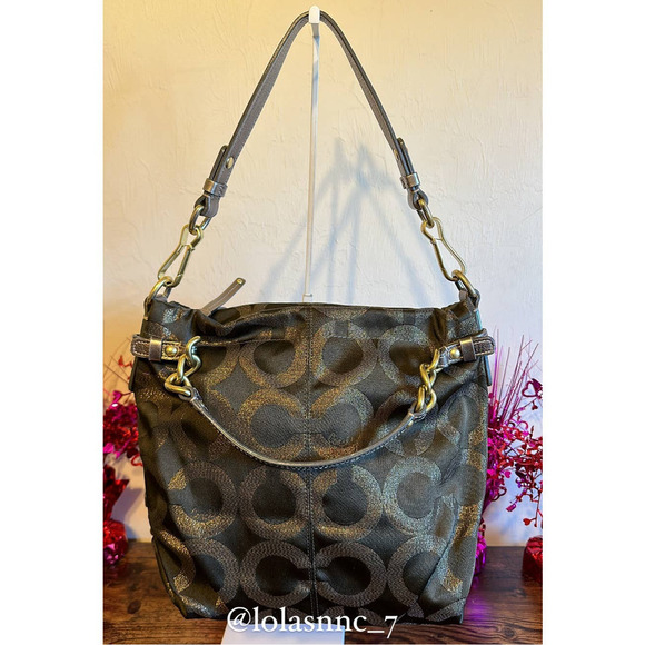 Coach Signature Op Art Lurex Brooke Olive and Gold Hobo Bag - Picture 1 of 9